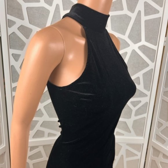 Black Mini Dress High Neck Sleeveless Velvet Like Bodycon - Picture 5 of 8